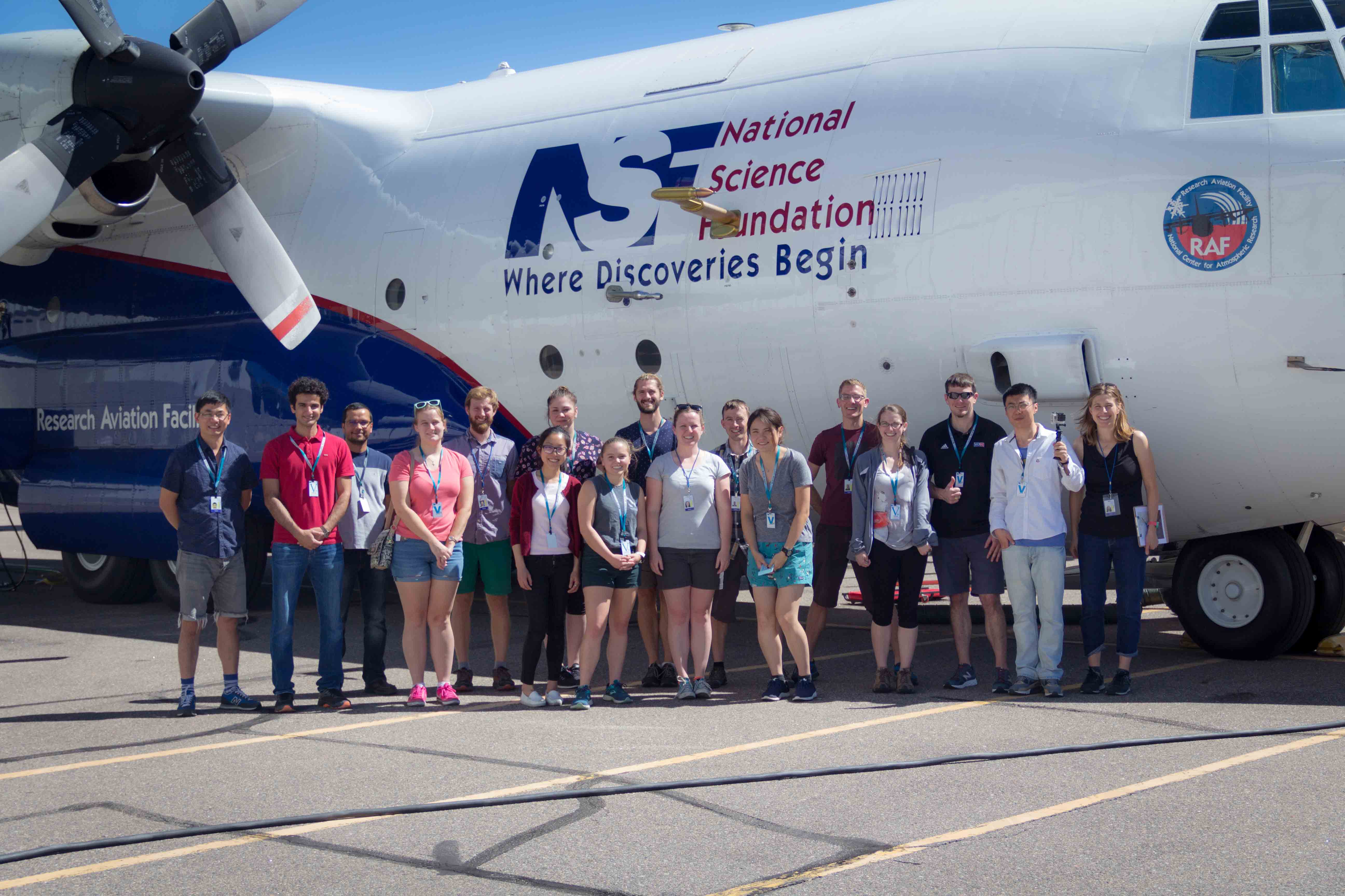 UM and Colorado State University students in the Aircraft Observations and Atmospheric Chemistry course pose in front of their flying laboratory equipped with state-of-the-art instruments to map the smoke over the western U.S. this past summer. (Photo courtesy of Ali Akherati)